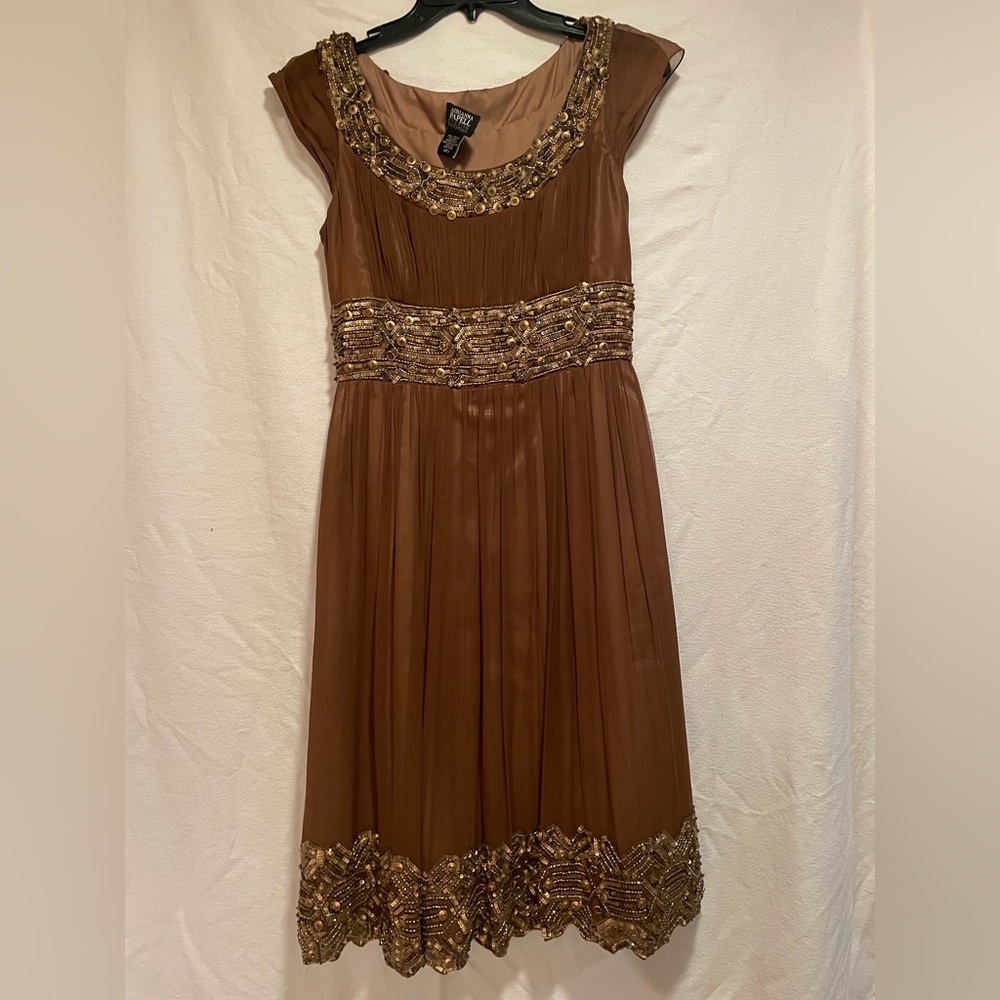 Adrianna Papell Brown Beaded Silk Midi Dress